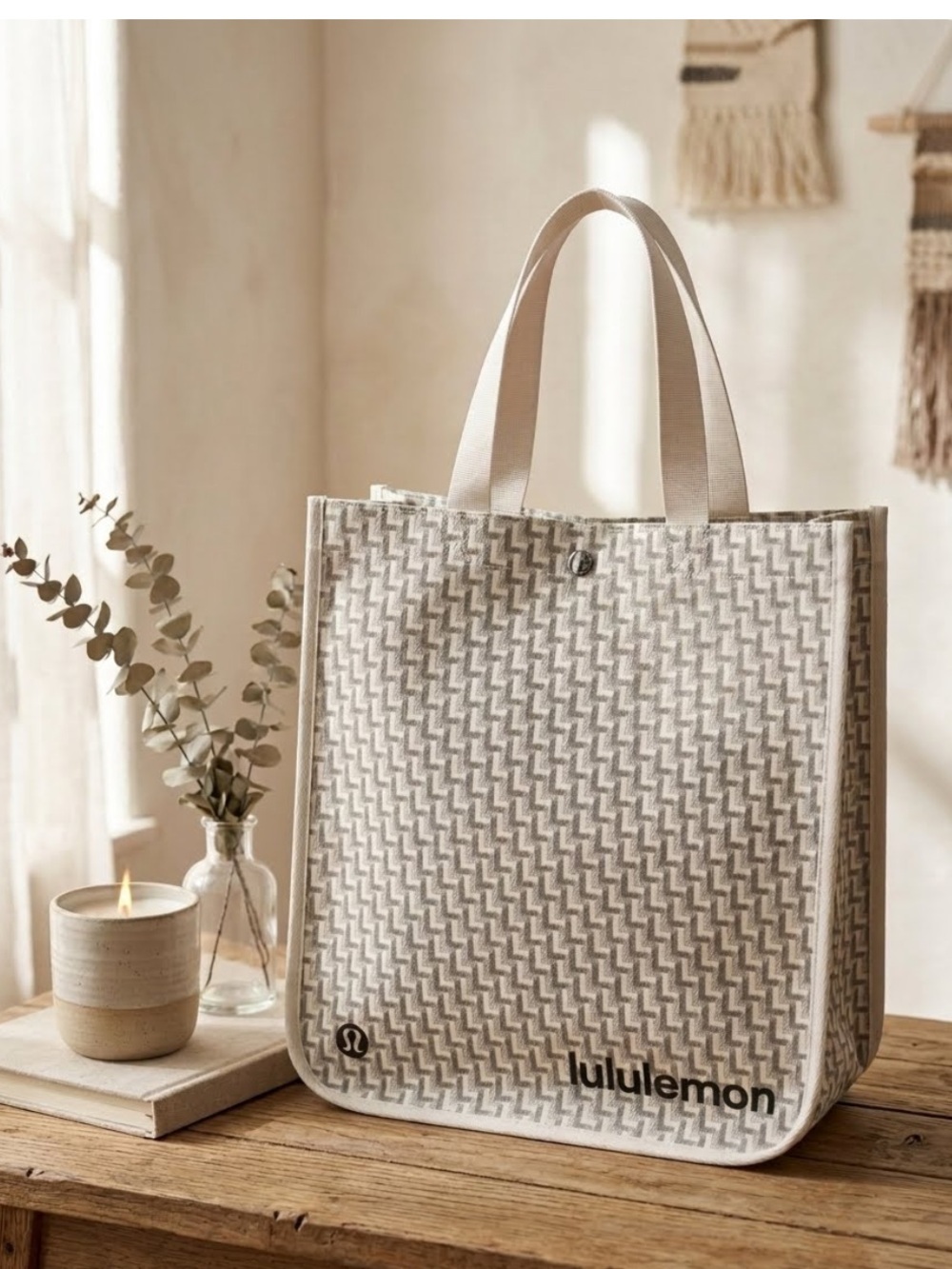 Lululemon Limited Holiday Edition Large  Tote Bone And White Jacquard Monogram